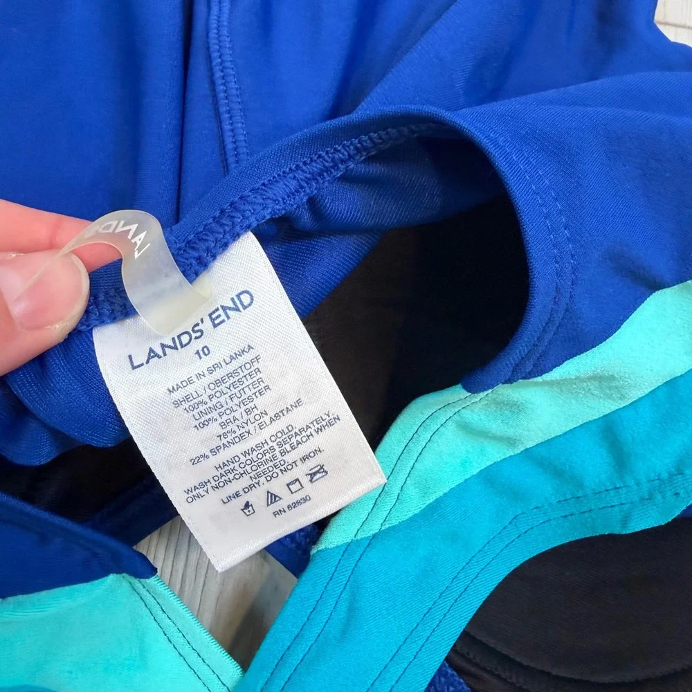 Lands End Blue Turquoise Colorblock One Piece Swimsuit Cross Back Size 10